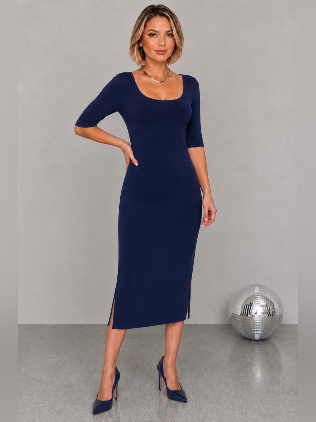 Ralph Lauren Navy Blue Midi Dress Elbow Sleeve - New Without Tags!